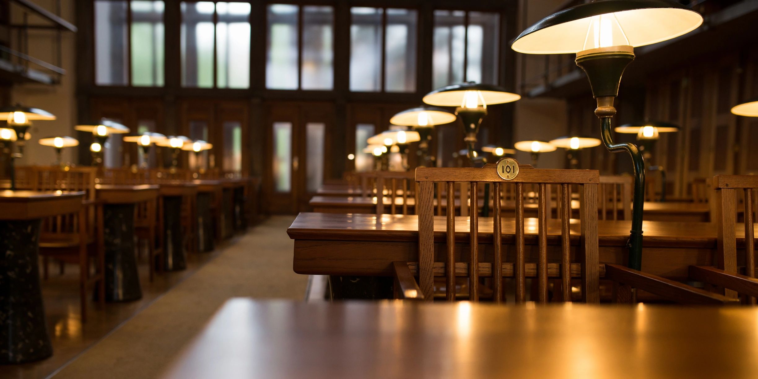 Historic library reading room with tall shelves and study tables